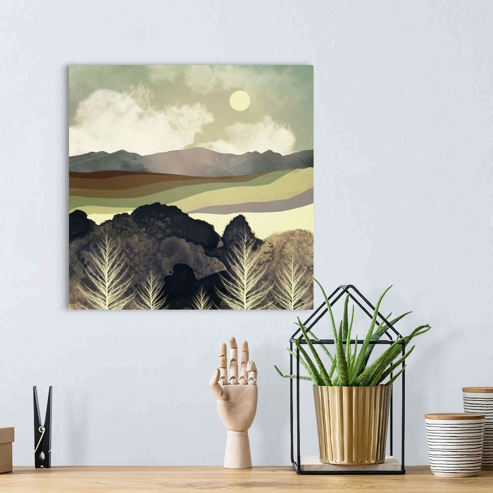 A bohemian room featuring Abstract depiction of a retro afternoon with mountains, trees, green and brown.