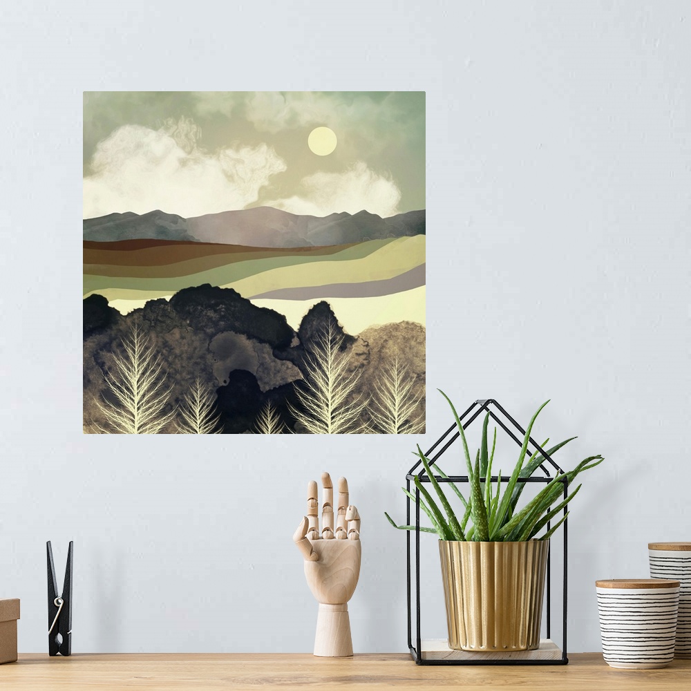 A bohemian room featuring Abstract depiction of a retro afternoon with mountains, trees, green and brown.