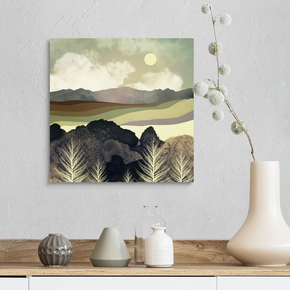 A farmhouse room featuring Abstract depiction of a retro afternoon with mountains, trees, green and brown.