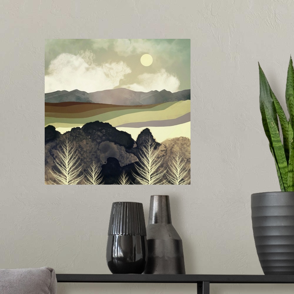 A modern room featuring Abstract depiction of a retro afternoon with mountains, trees, green and brown.