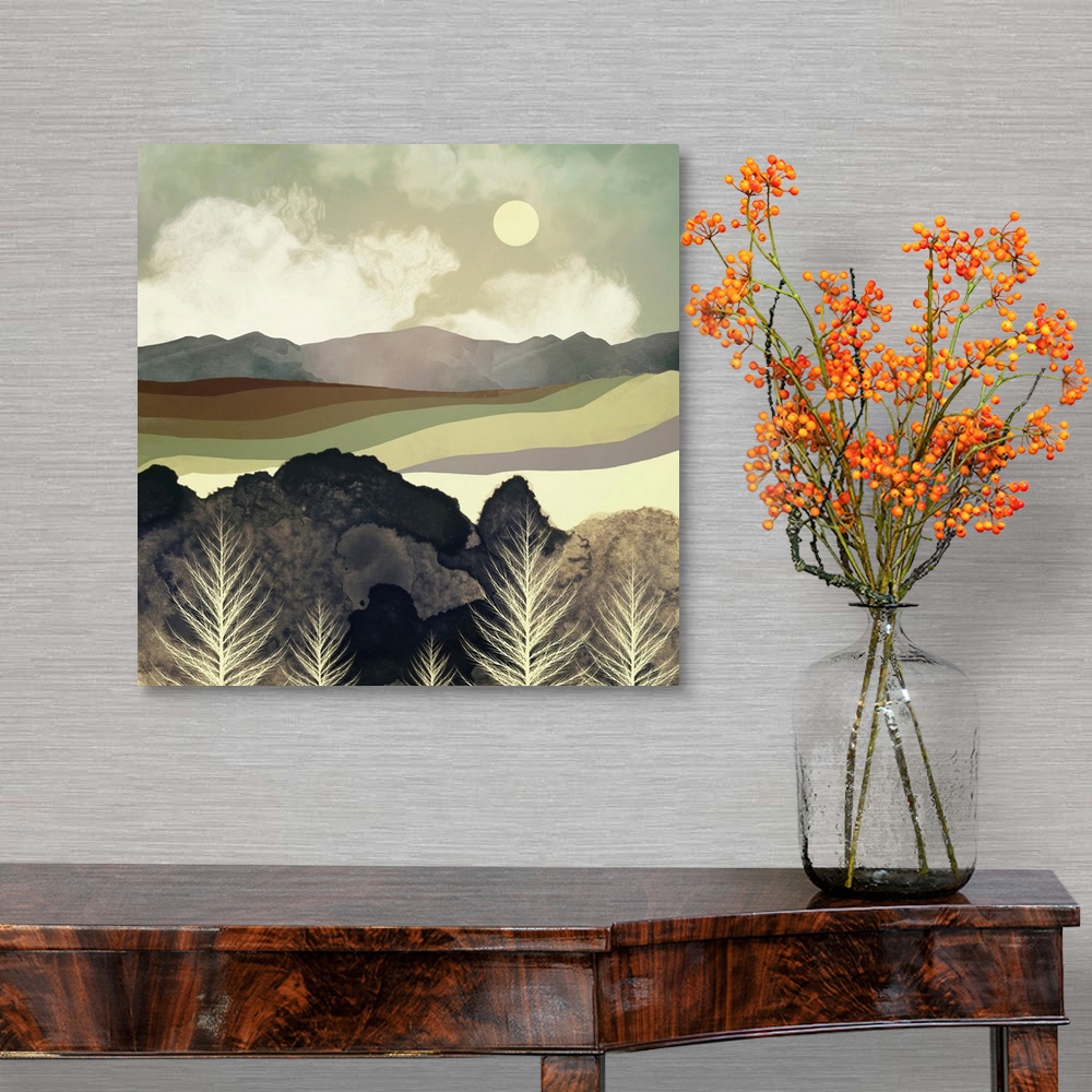 A traditional room featuring Abstract depiction of a retro afternoon with mountains, trees, green and brown.