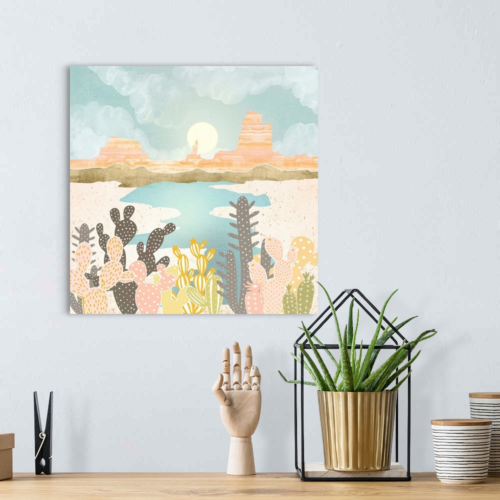 A bohemian room featuring Abstract depiction of a retro desert oasis with water, cacti, mountains and pink.
