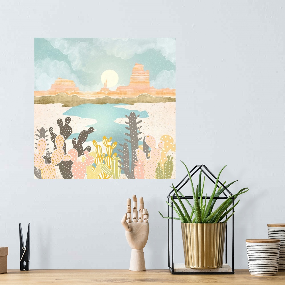 A bohemian room featuring Abstract depiction of a retro desert oasis with water, cacti, mountains and pink.