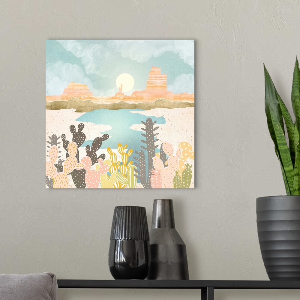 A modern room featuring Abstract depiction of a retro desert oasis with water, cacti, mountains and pink.