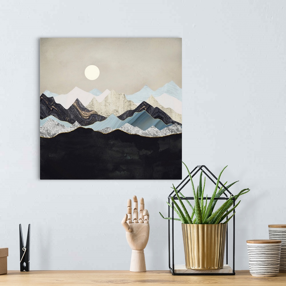 A bohemian room featuring Abstract landscape depicting silent dusk with mountains, gold, silver and blue.