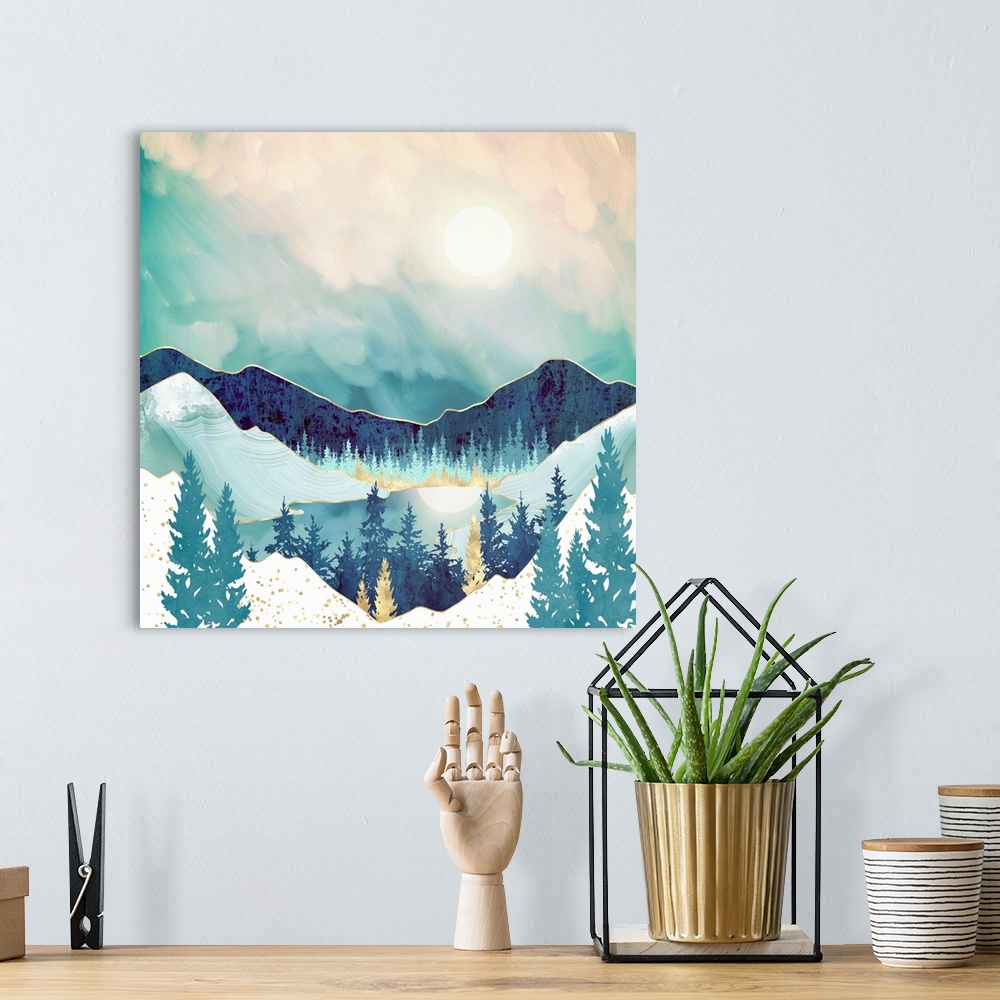 A bohemian room featuring Abstract landscape featuring a sky reflection with mountains, trees, mountains, gold and blue.