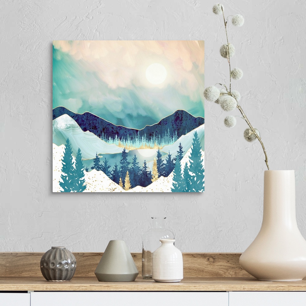 A farmhouse room featuring Abstract landscape featuring a sky reflection with mountains, trees, mountains, gold and blue.