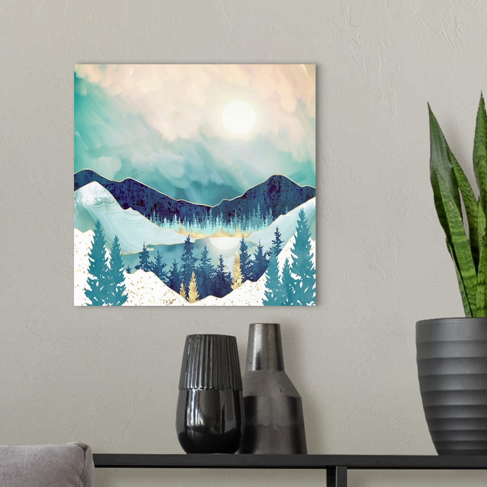A modern room featuring Abstract landscape featuring a sky reflection with mountains, trees, mountains, gold and blue.