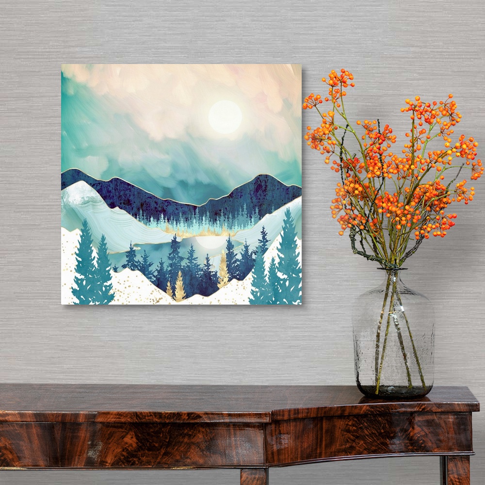 A traditional room featuring Abstract landscape featuring a sky reflection with mountains, trees, mountains, gold and blue.