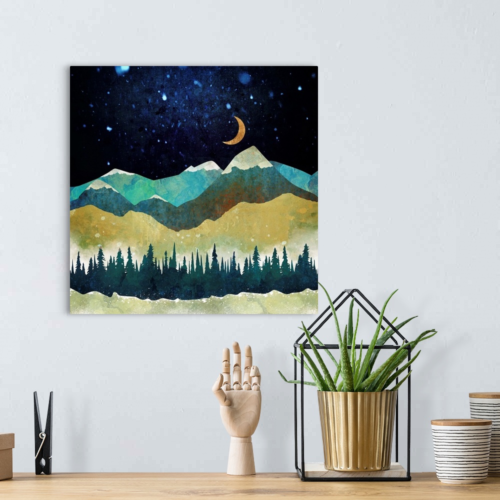 A bohemian room featuring Abstract winter landscape with moon, snow, mountains, trees, green, white and blue.
