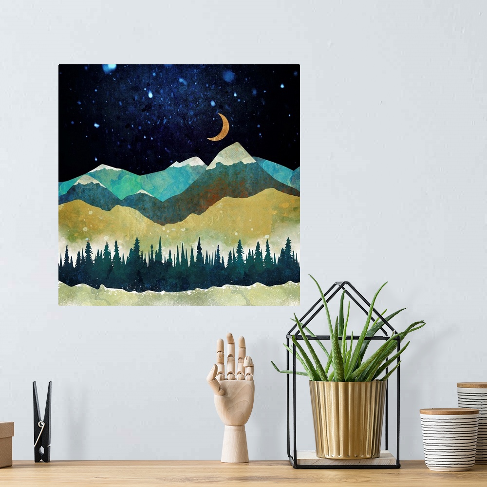 A bohemian room featuring Abstract winter landscape with moon, snow, mountains, trees, green, white and blue.