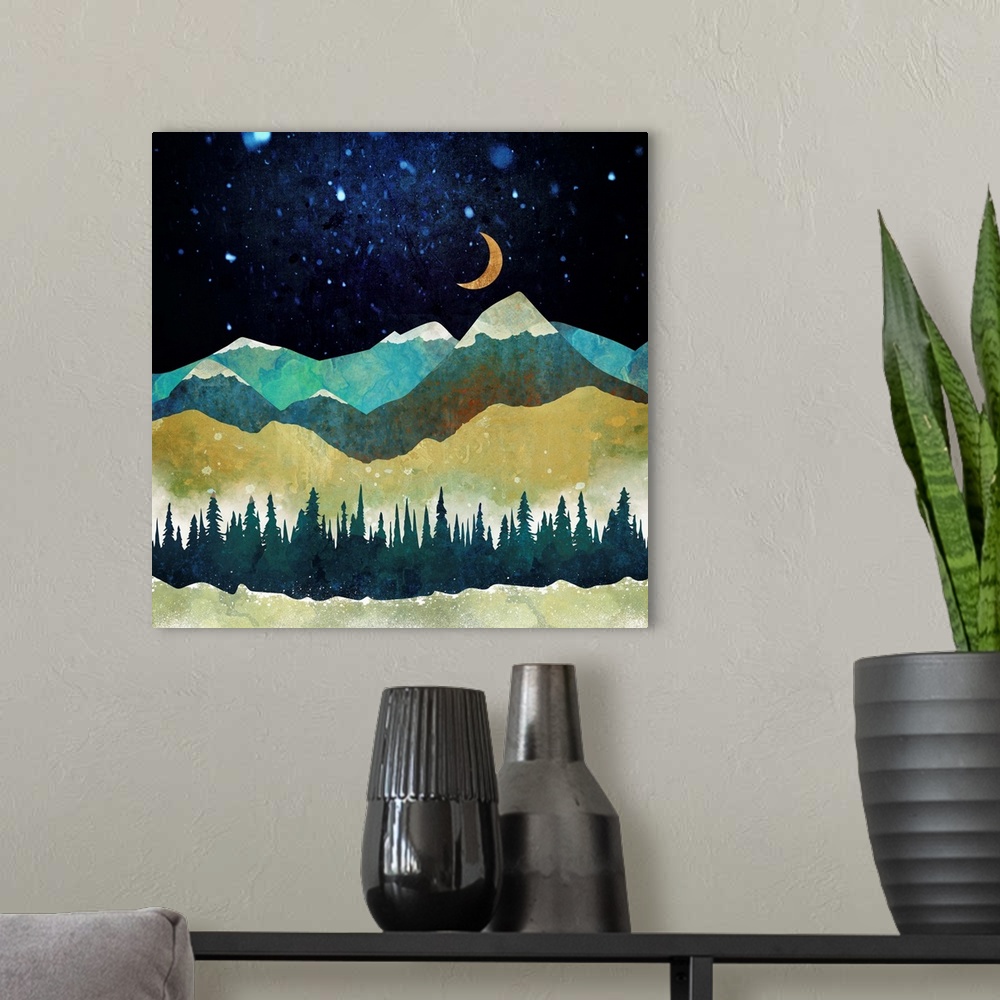 A modern room featuring Abstract winter landscape with moon, snow, mountains, trees, green, white and blue.