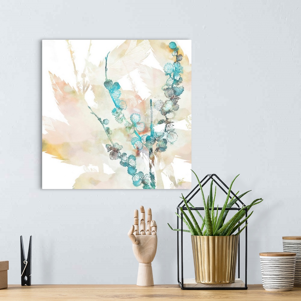 A bohemian room featuring Abstract depiction of flowers with teal, green, brown and leaves.