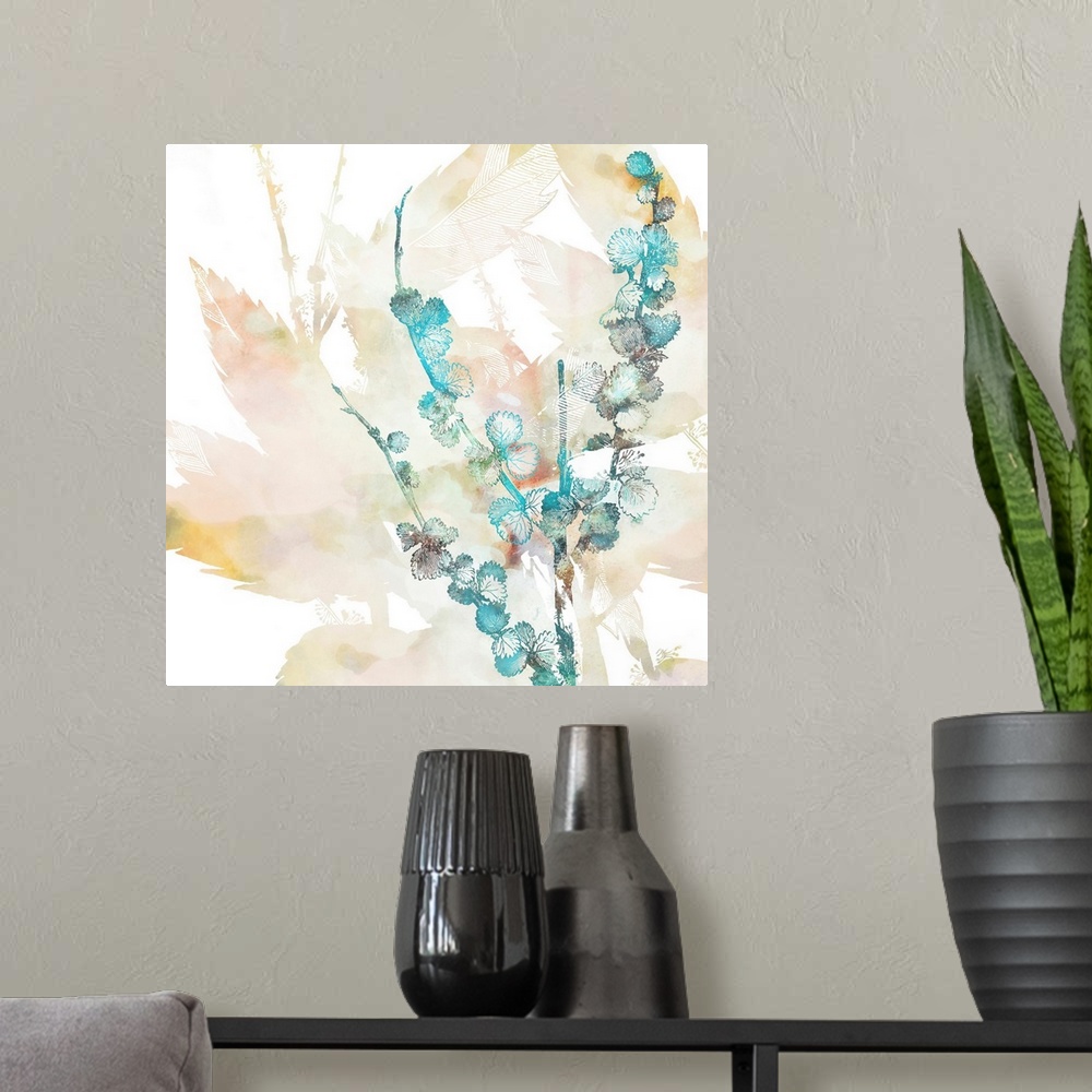 A modern room featuring Abstract depiction of flowers with teal, green, brown and leaves.