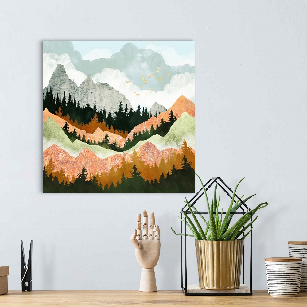 A bohemian room featuring Abstract mountain landscape featuring birds, trees, mountains, clouds, pink and green.