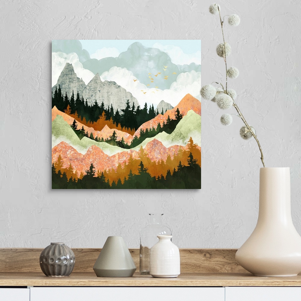 A farmhouse room featuring Abstract mountain landscape featuring birds, trees, mountains, clouds, pink and green.