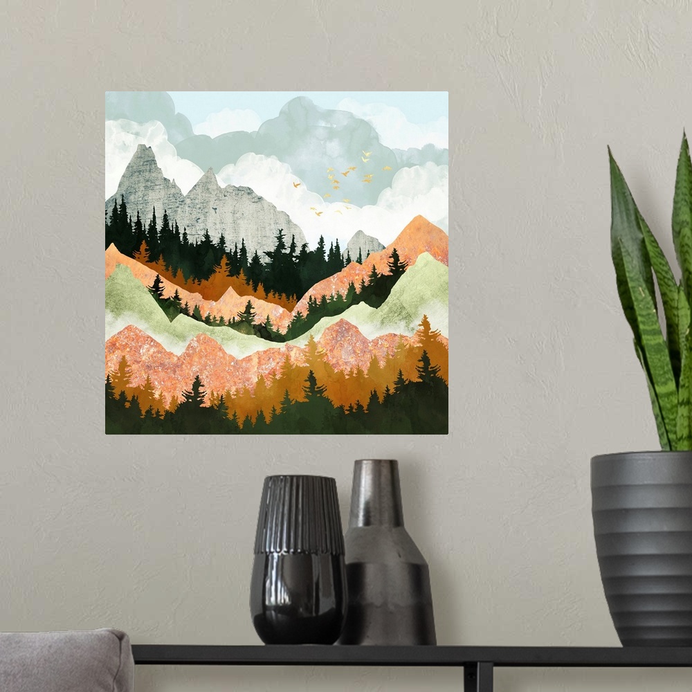 A modern room featuring Abstract mountain landscape featuring birds, trees, mountains, clouds, pink and green.