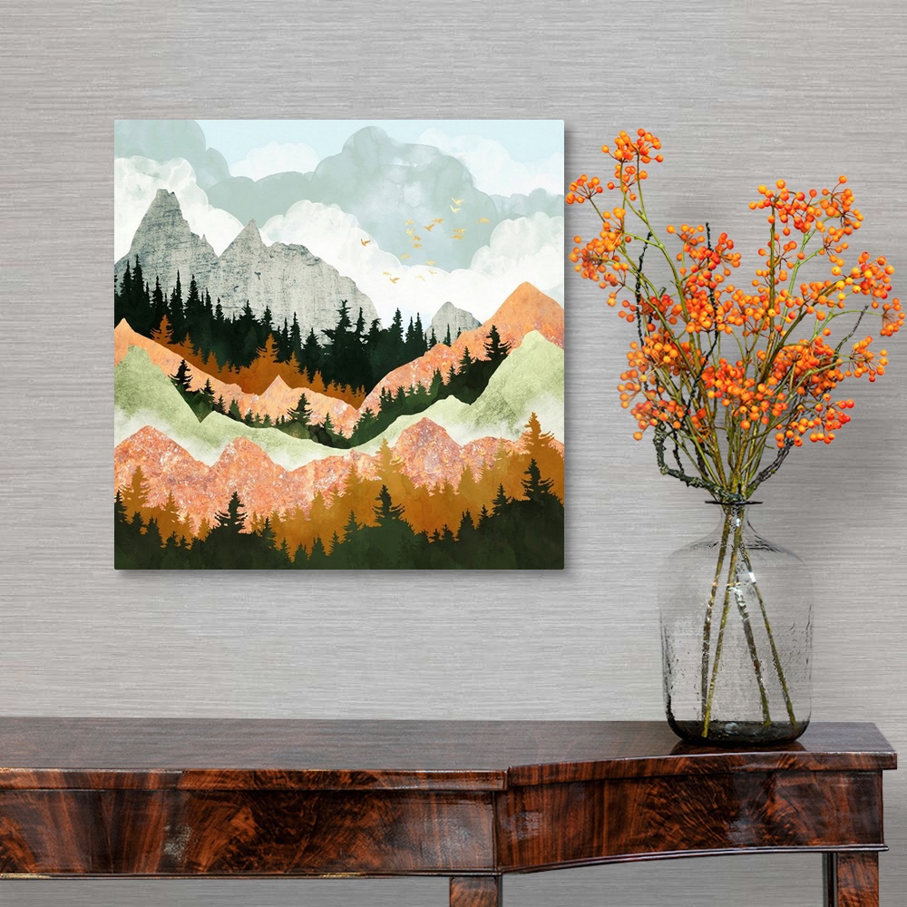 A traditional room featuring Abstract mountain landscape featuring birds, trees, mountains, clouds, pink and green.