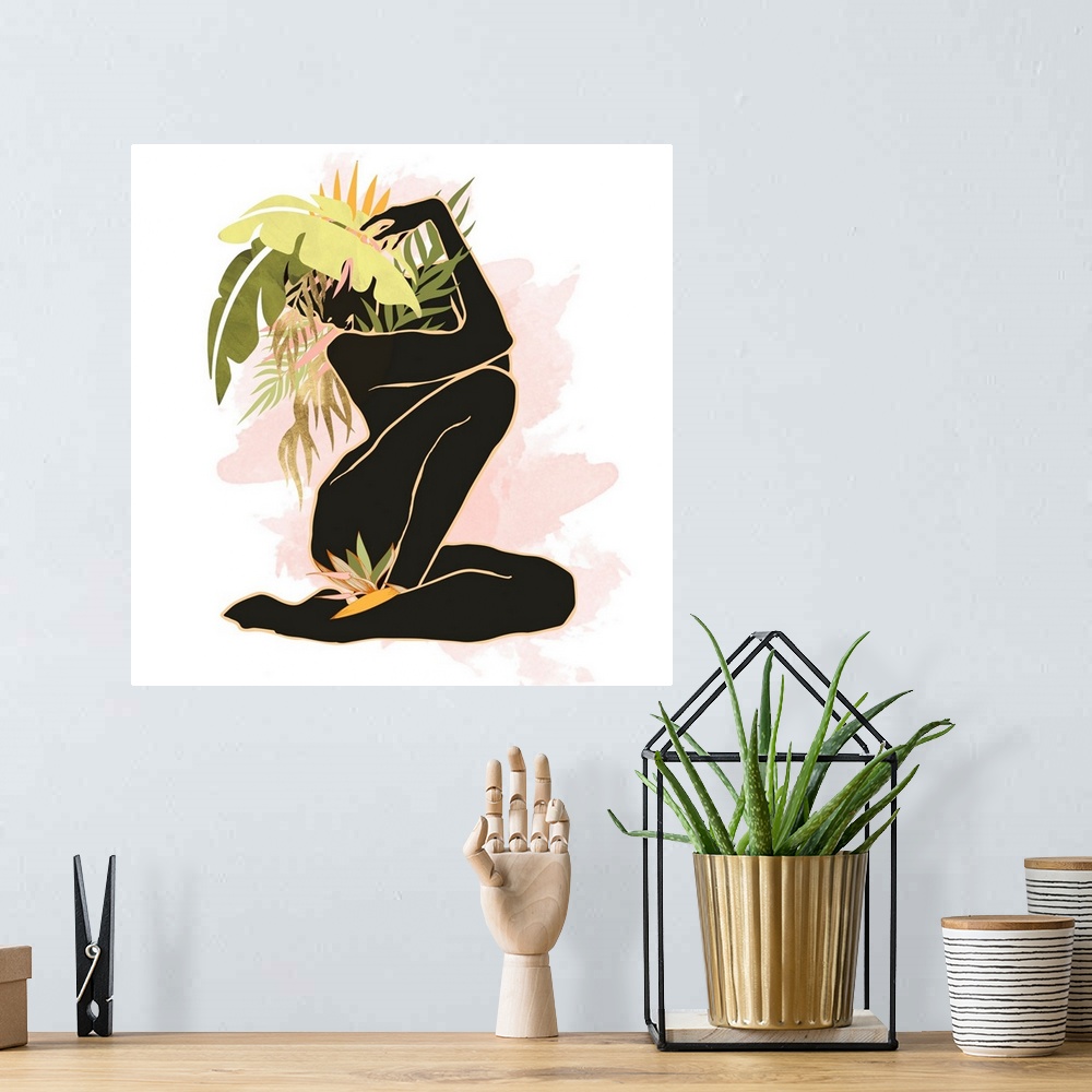 A bohemian room featuring Abstract figurative piece with female, palm fronds, pink, green and black.