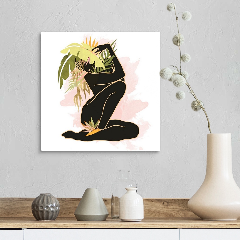 A farmhouse room featuring Abstract figurative piece with female, palm fronds, pink, green and black.