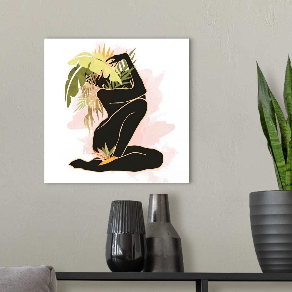 A modern room featuring Abstract figurative piece with female, palm fronds, pink, green and black.