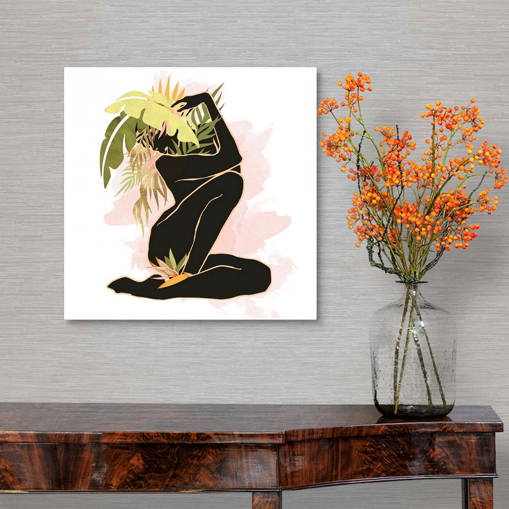 A traditional room featuring Abstract figurative piece with female, palm fronds, pink, green and black.