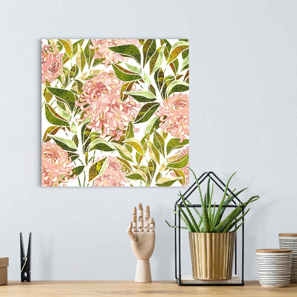 A bohemian room featuring Abstract depiction of flowers with leaves, pink, gold, green and white.
