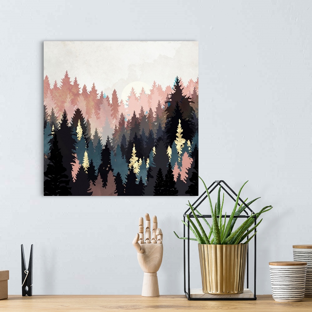 A bohemian room featuring Abstract depiction of a spring forest with grey, pink, teal, gold and texture.