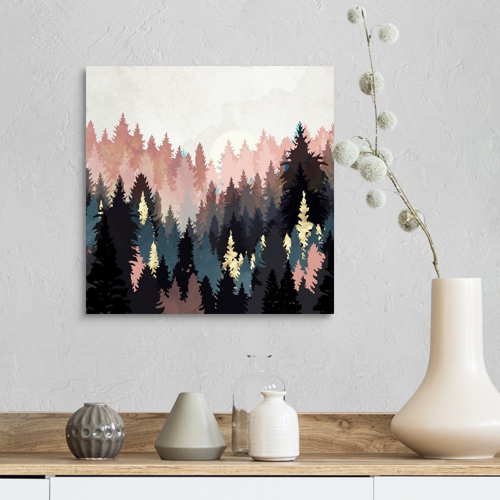 A farmhouse room featuring Abstract depiction of a spring forest with grey, pink, teal, gold and texture.