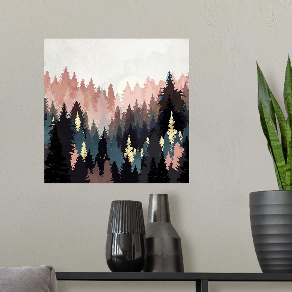 A modern room featuring Abstract depiction of a spring forest with grey, pink, teal, gold and texture.