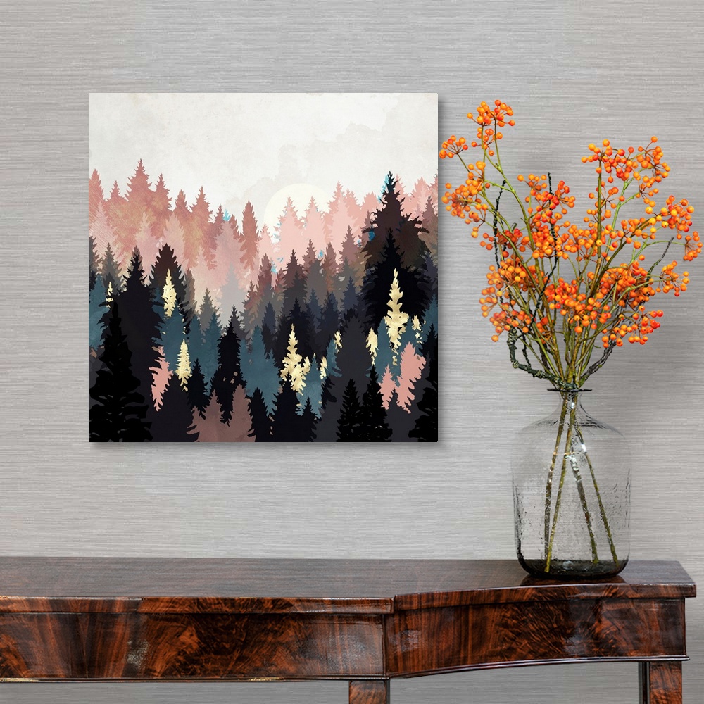 A traditional room featuring Abstract depiction of a spring forest with grey, pink, teal, gold and texture.