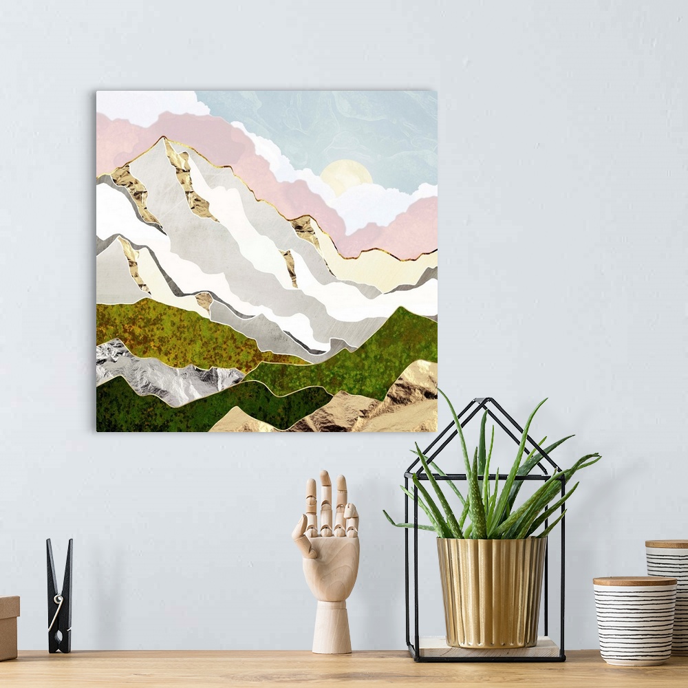 A bohemian room featuring Abstract depiction of a mountain in spring with gold, pink, white and green.