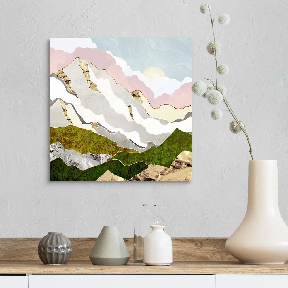 A farmhouse room featuring Abstract depiction of a mountain in spring with gold, pink, white and green.