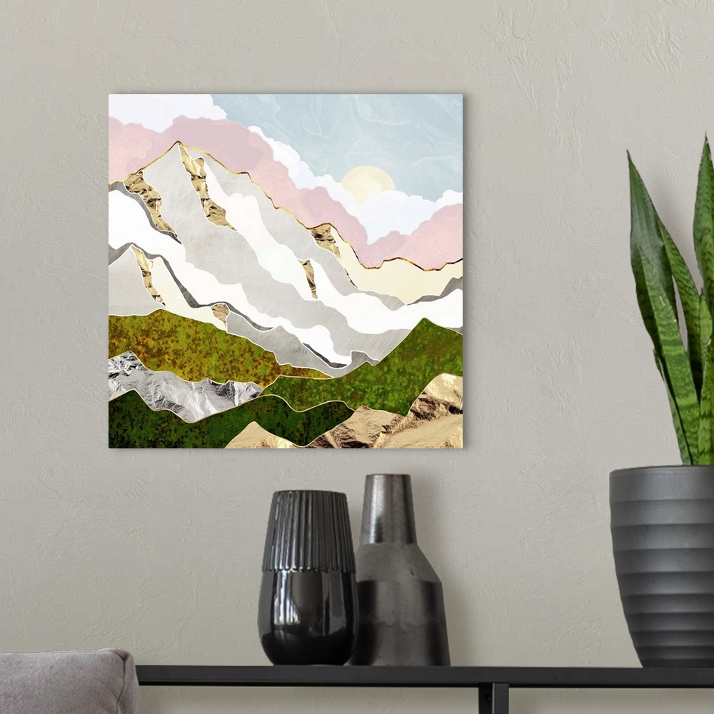 A modern room featuring Abstract depiction of a mountain in spring with gold, pink, white and green.