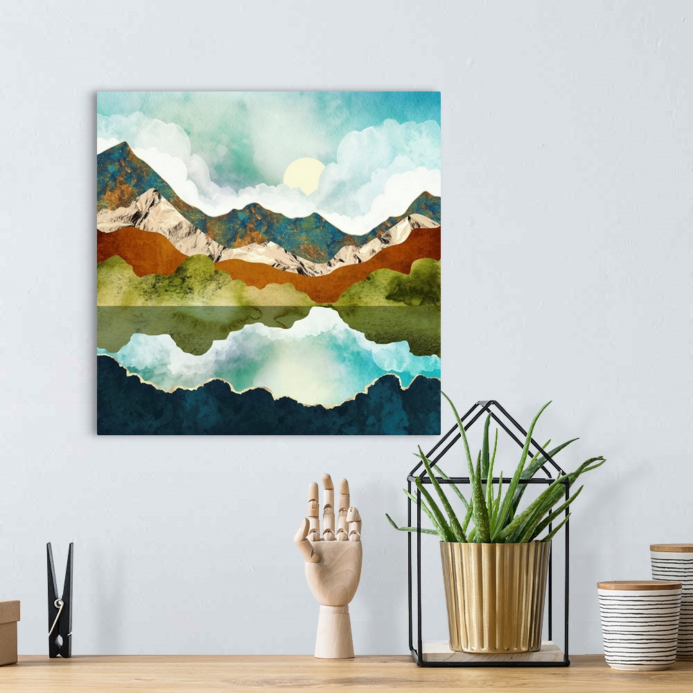 A bohemian room featuring Abstract depiction of a mountain in spring with gold, water, white, blue, amber and green.