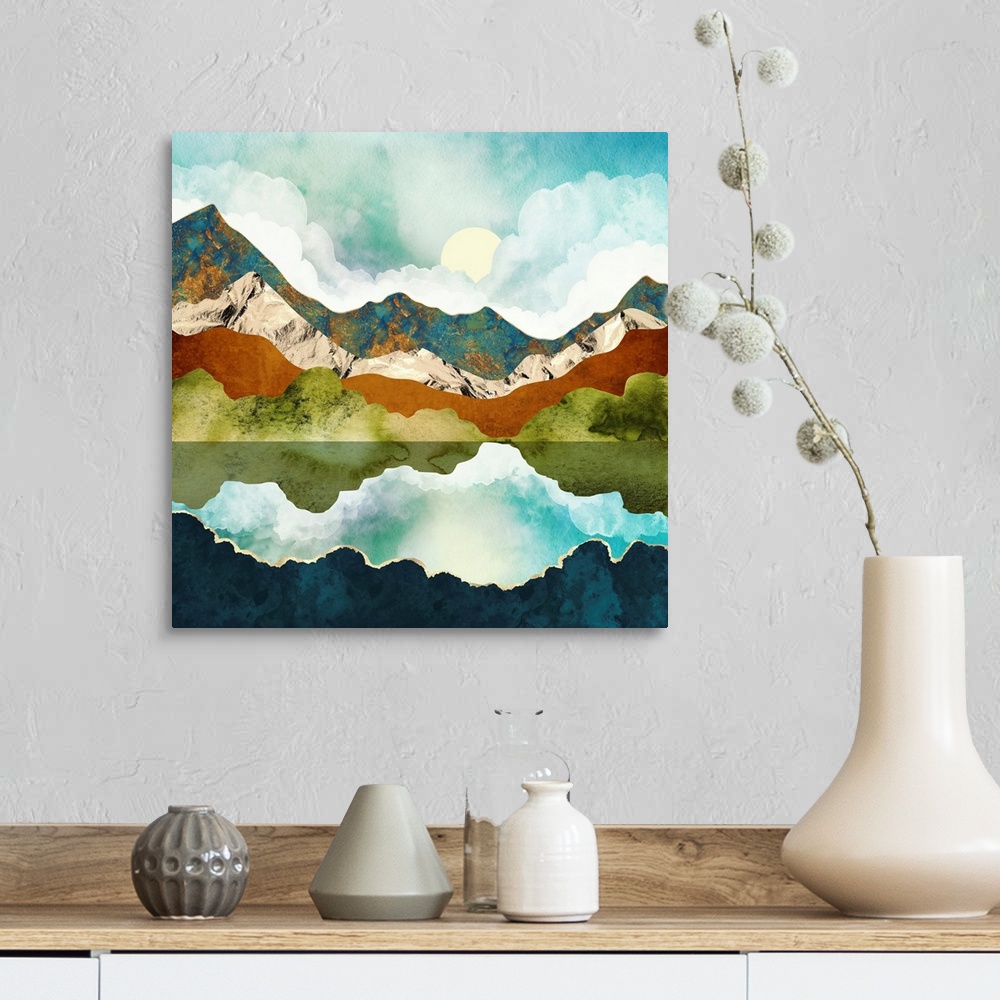 A farmhouse room featuring Abstract depiction of a mountain in spring with gold, water, white, blue, amber and green.