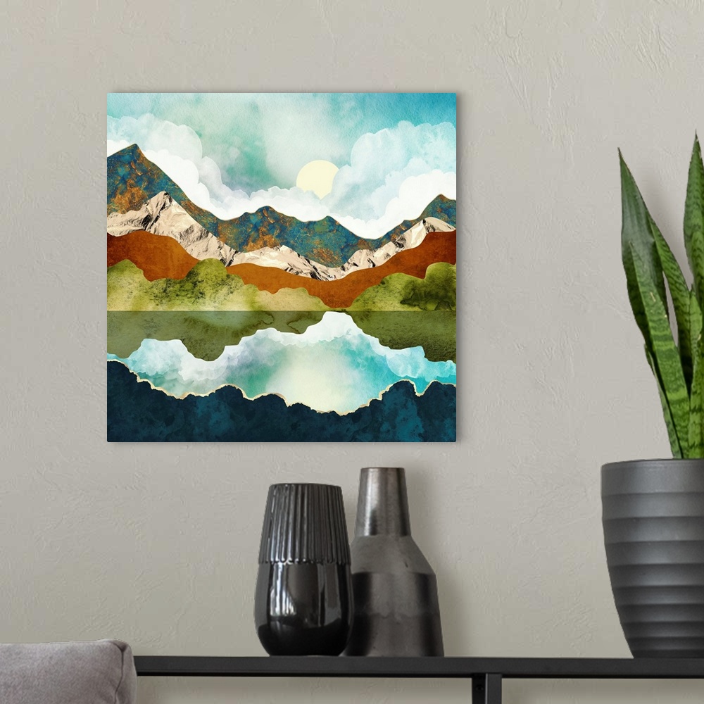 A modern room featuring Abstract depiction of a mountain in spring with gold, water, white, blue, amber and green.