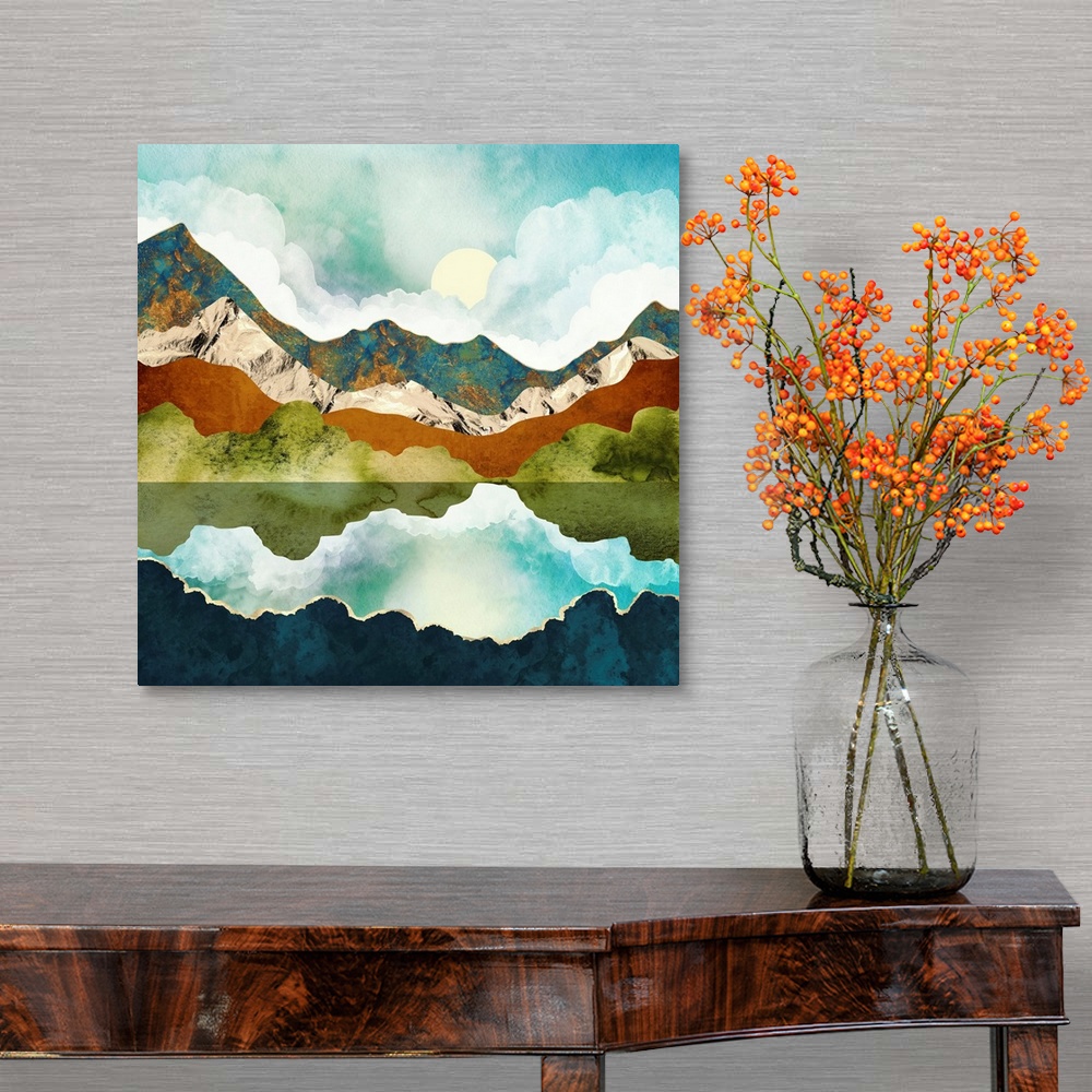 A traditional room featuring Abstract depiction of a mountain in spring with gold, water, white, blue, amber and green.