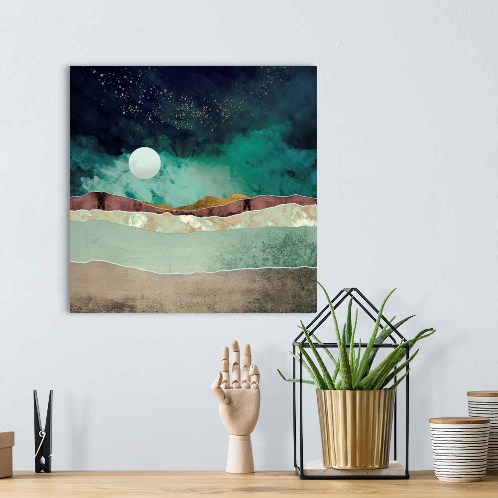 A bohemian room featuring Abstract depiction of a spring night with mountains, stars, green, moon and gold.
