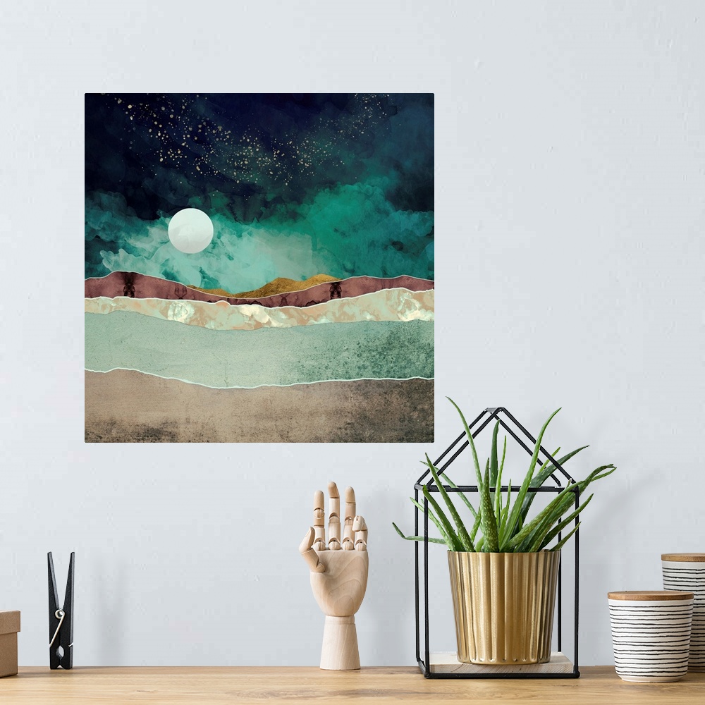 A bohemian room featuring Abstract depiction of a spring night with mountains, stars, green, moon and gold.