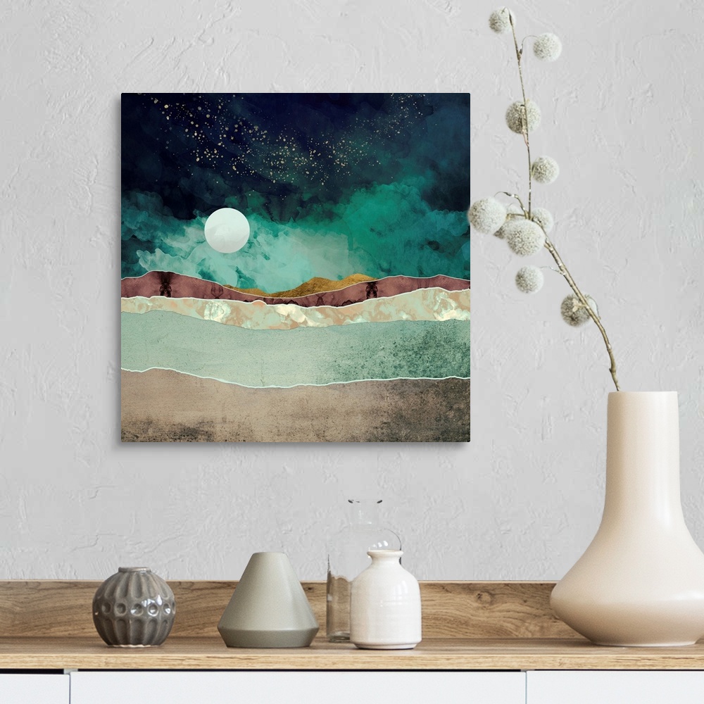 A farmhouse room featuring Abstract depiction of a spring night with mountains, stars, green, moon and gold.