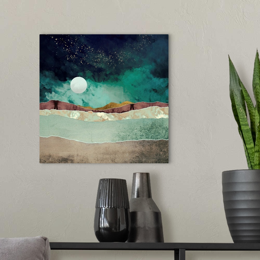 A modern room featuring Abstract depiction of a spring night with mountains, stars, green, moon and gold.