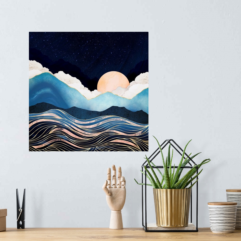 A bohemian room featuring Abstract depiction of a star sea with mountains, waves, gold and blue.