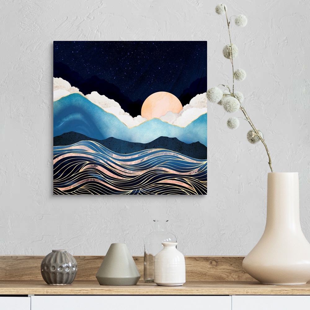 A farmhouse room featuring Abstract depiction of a star sea with mountains, waves, gold and blue.