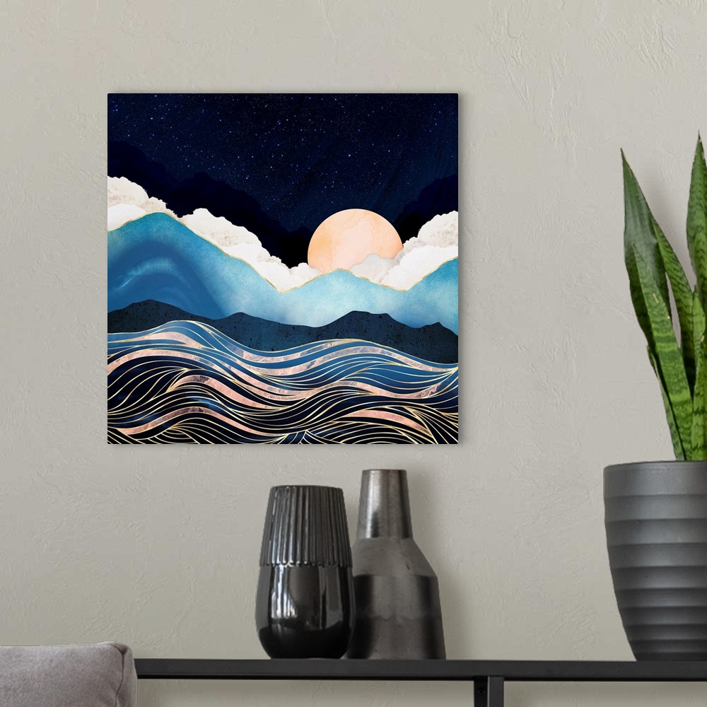 A modern room featuring Abstract depiction of a star sea with mountains, waves, gold and blue.
