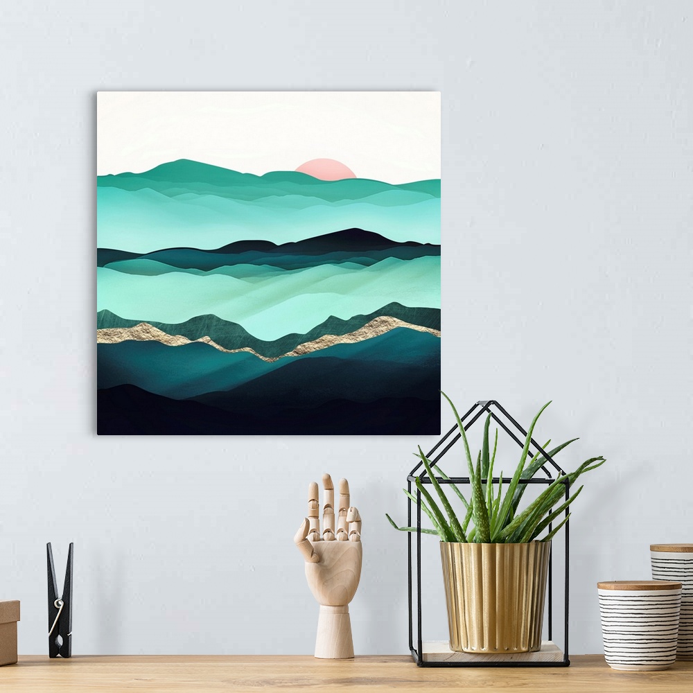 A bohemian room featuring Abstract depiction of summer hills with green, mint, pink and gold.