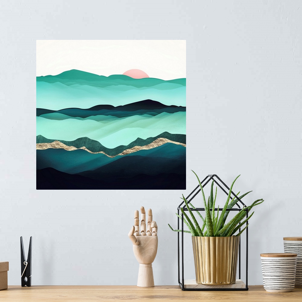 A bohemian room featuring Abstract depiction of summer hills with green, mint, pink and gold.