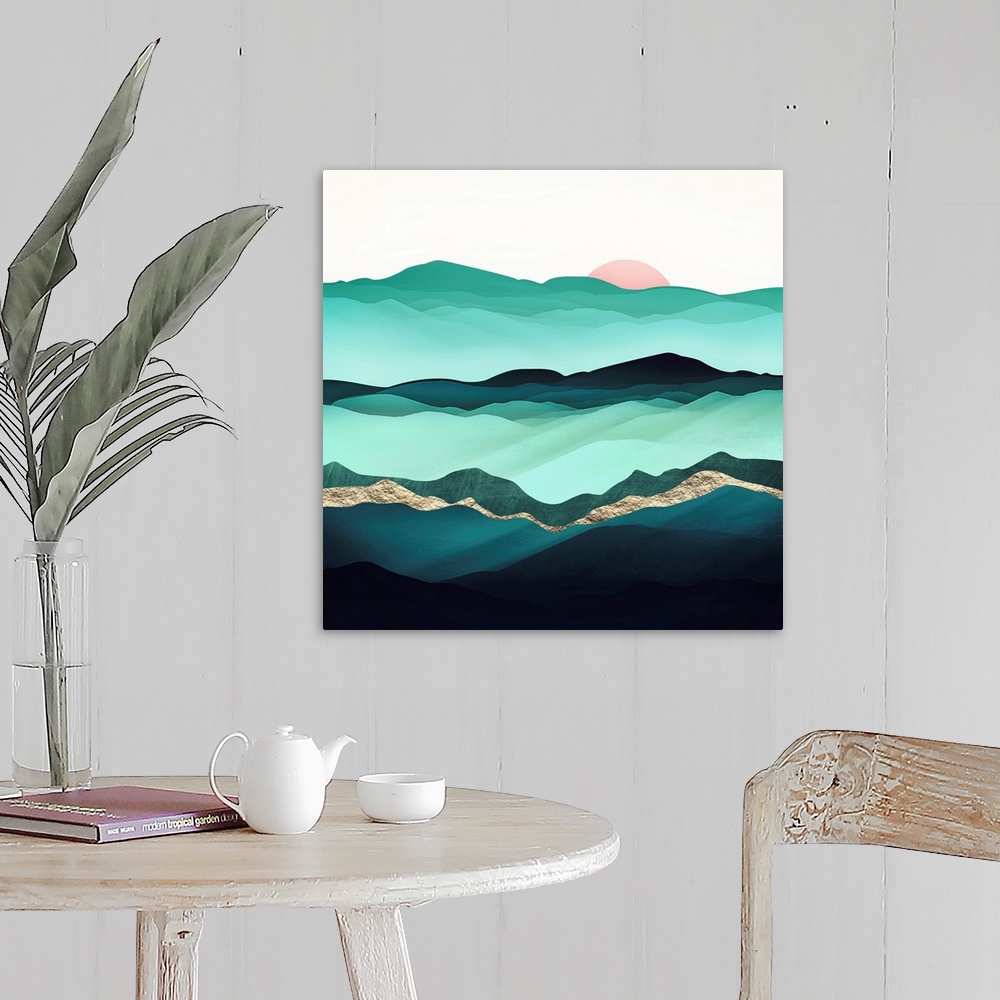 A farmhouse room featuring Abstract depiction of summer hills with green, mint, pink and gold.
