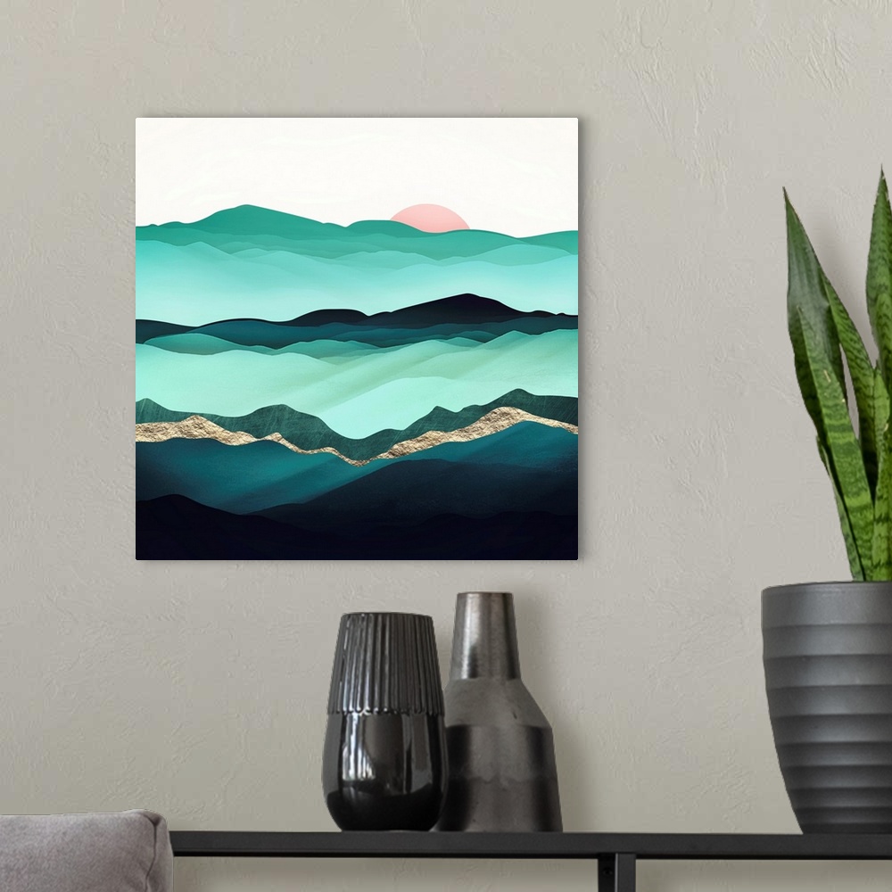 A modern room featuring Abstract depiction of summer hills with green, mint, pink and gold.