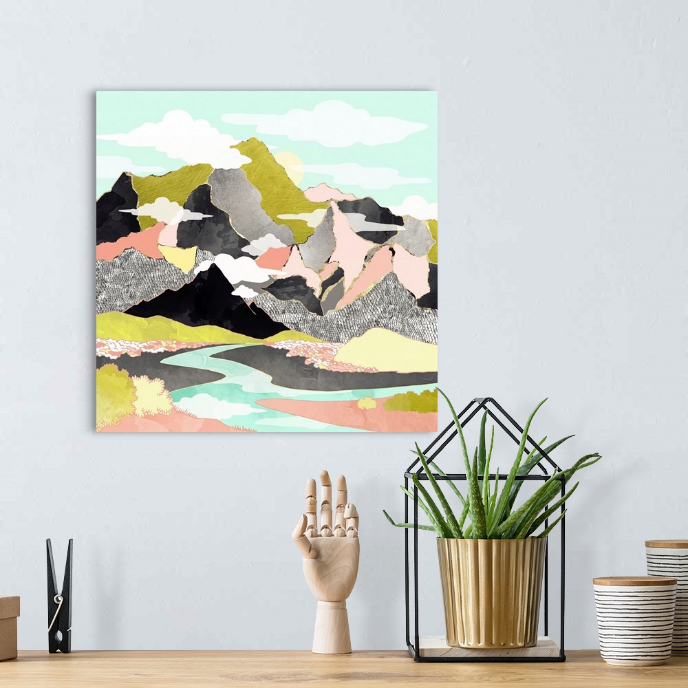 A bohemian room featuring Abstract depiction of a summer river with mountains, silver, gold, pink, green and black.